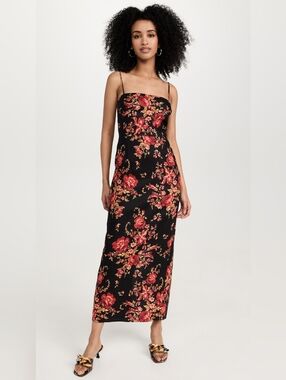NWOT Reformation Frankie Linen Black Floral Rose Print Dress